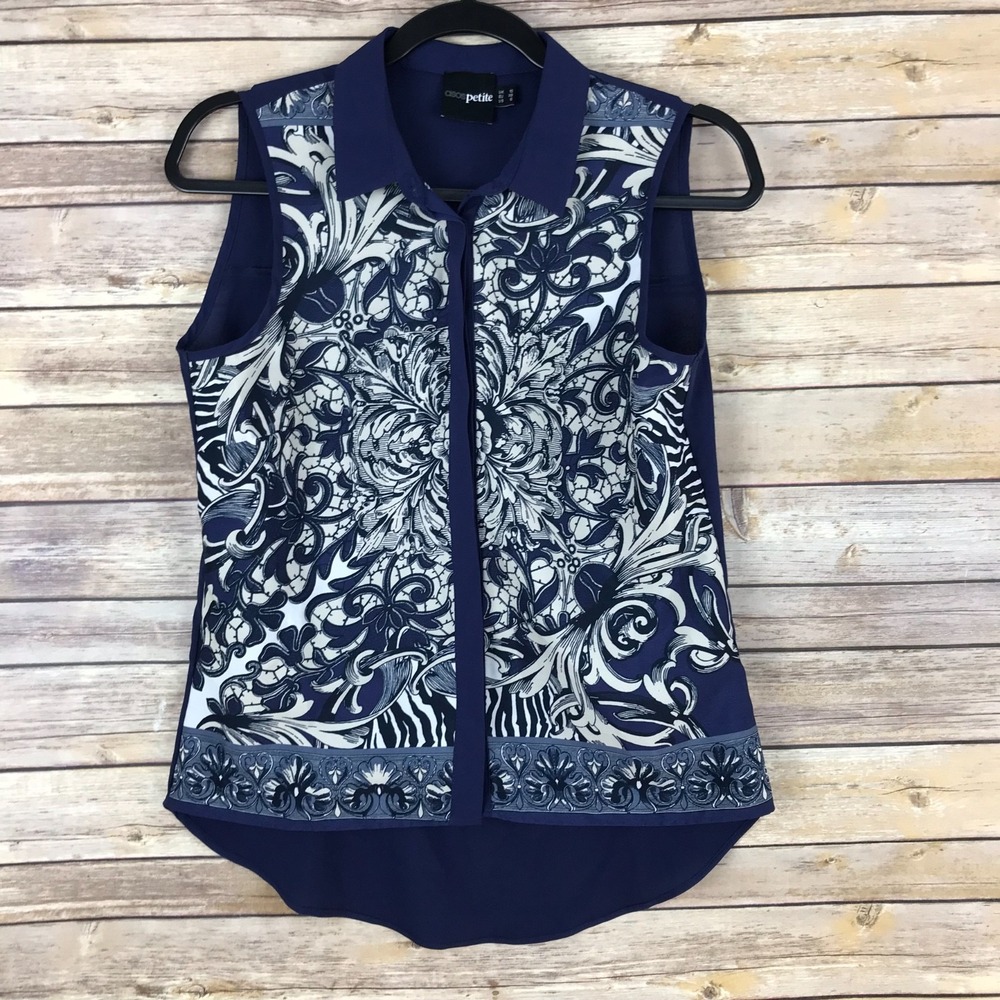ASOS Top Womens US 6P Blue White Floral Button Up‎ Shirt Sleeveless Collar Woven